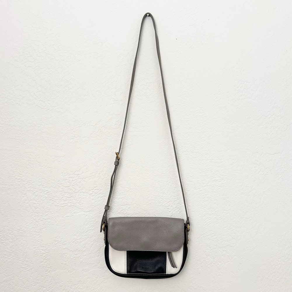 Fossil Tricolor Gray Black White Leather Crossbody Purse Bag